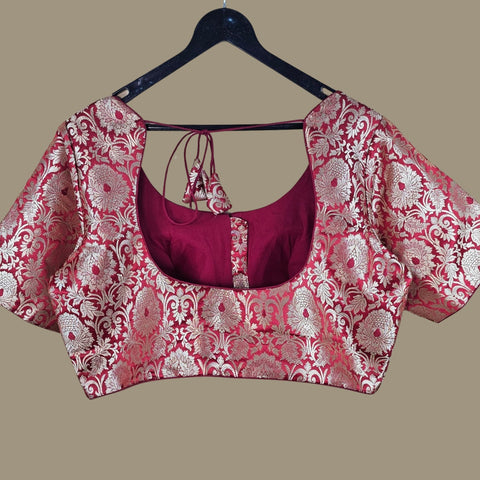 Mizaj Deep Red Brocade Half Sleeves Blouse with Round Neckline