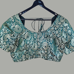 Mizaj Bottle Green Brocade Half Sleeves Blouse with Round Neckline