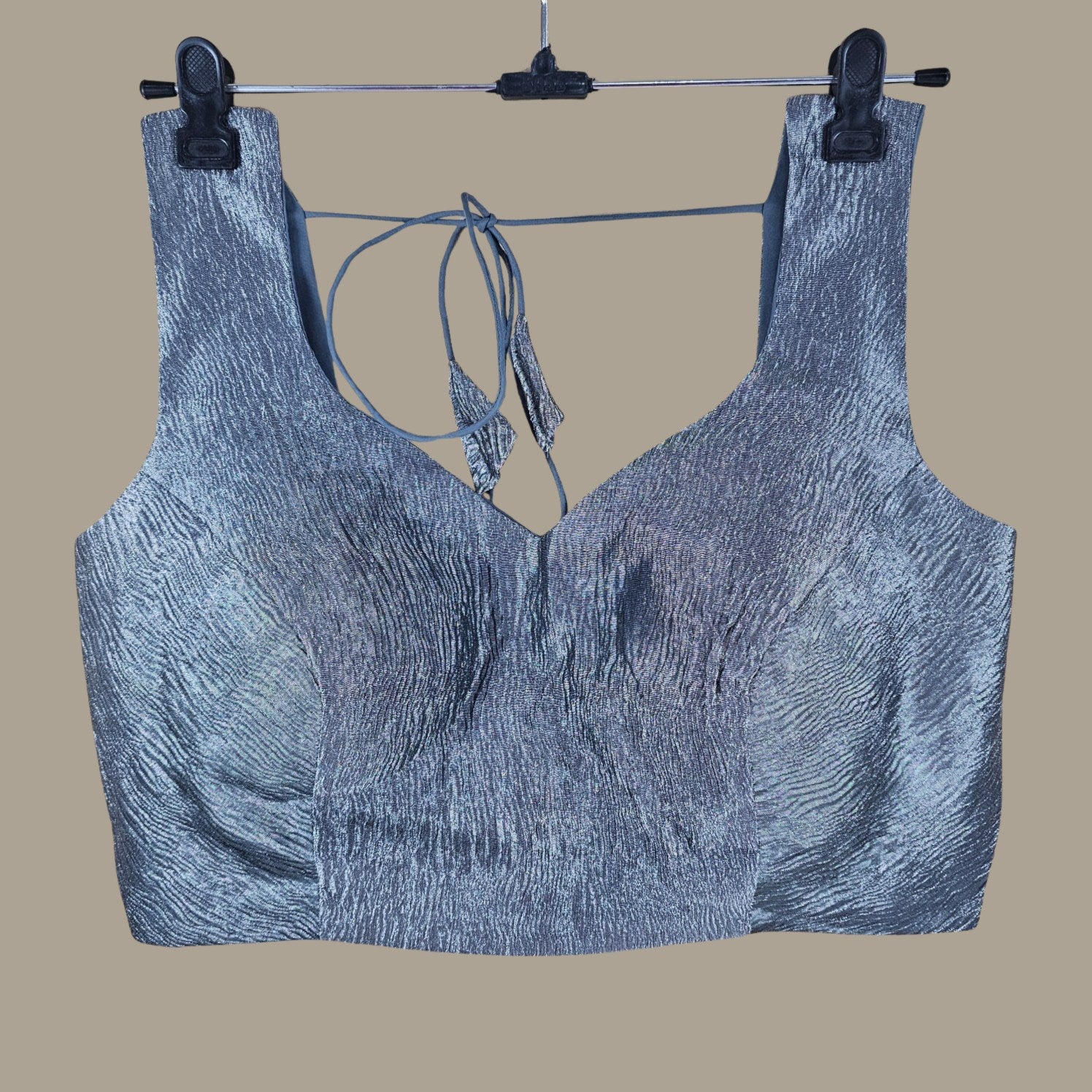 Crushed Base Metallic Ice Blue Color Blouse with Sweetheart Neckline