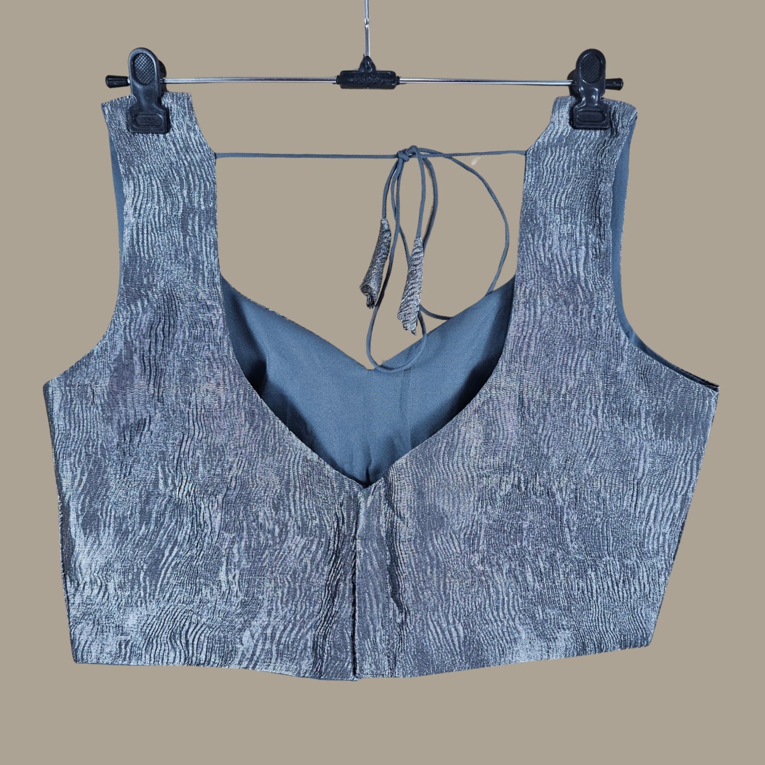 Crushed Base Metallic Ice Blue Color Blouse with Sweetheart Neckline
