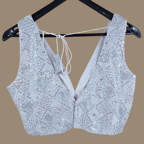 Silver Sequin Embellished White Base Blouse with V Neckline