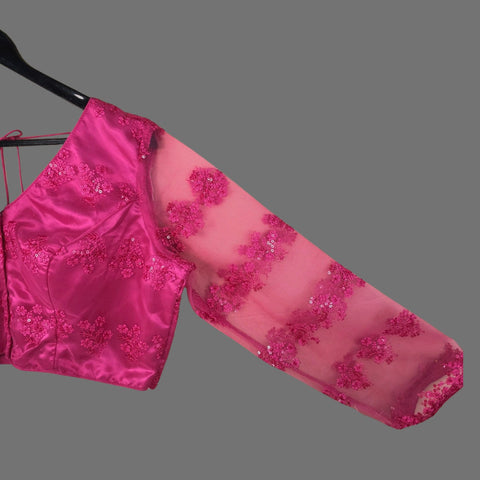 Nazakat Net Hot Pink Color Blouse with sequin work with V Neckline