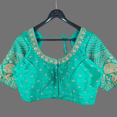 Peacock Embroidered Emerald Green Raw Silk Base Blouse with Round Neckline