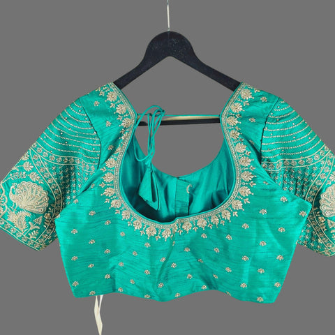 Peacock Embroidered Emerald Green Raw Silk Base Blouse with Round Neckline