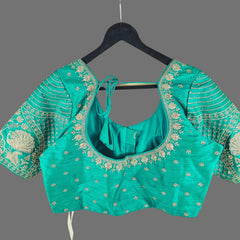 Peacock Embroidered Emerald Green Raw Silk Base Blouse with Round Neckline