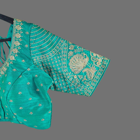 Peacock Embroidered Emerald Green Raw Silk Base Blouse with Round Neckline