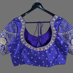 Peacock Embroidered Royal Purple Raw Silk Base Blouse with Round Neckline