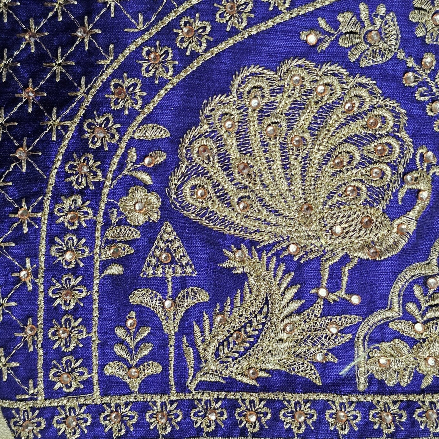 Peacock Embroidered Royal Purple Raw Silk Base Blouse with Round Neckline