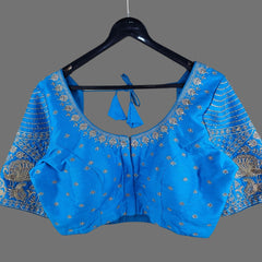 Peacock Embroidered Sky Blue Raw Silk Base Blouse with Round Neckline