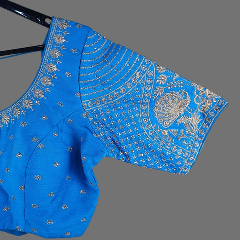 Peacock Embroidered Sky Blue Raw Silk Base Blouse with Round Neckline