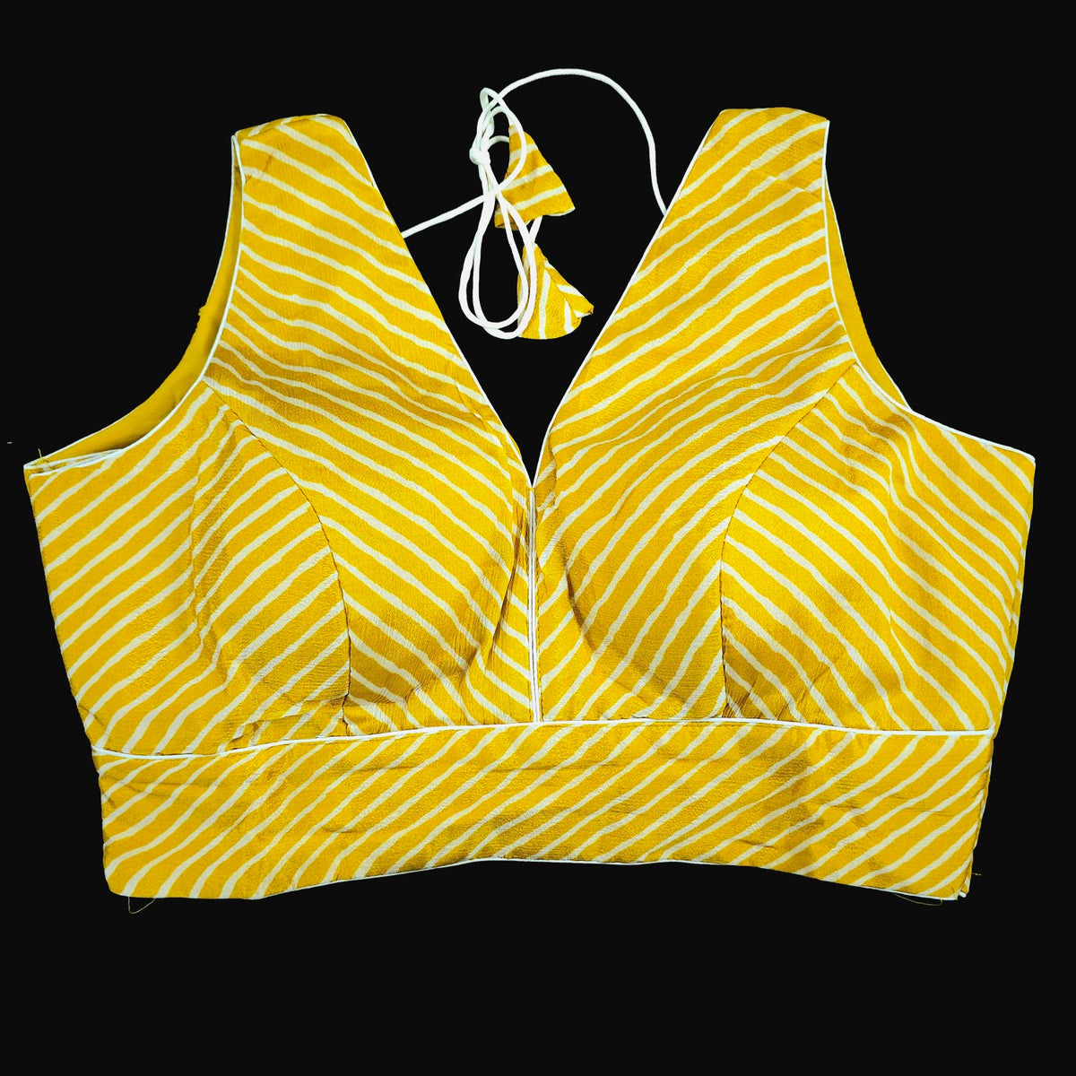 Yellow Leheriya Blouse with Attached Sleeves and V Neckline