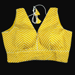 Yellow Leheriya Blouse with Attached Sleeves and V Neckline