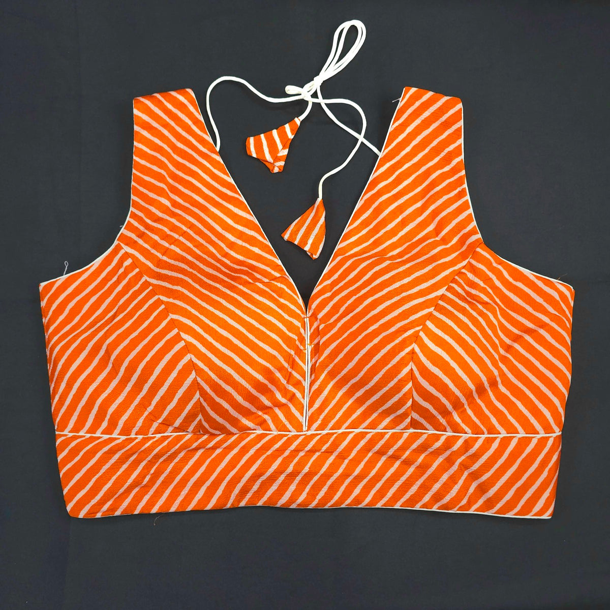 Orange Color Leheriya Blouse with Attached Sleeves and V Neckline