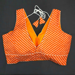 Orange Color Leheriya Blouse with Attached Sleeves and V Neckline