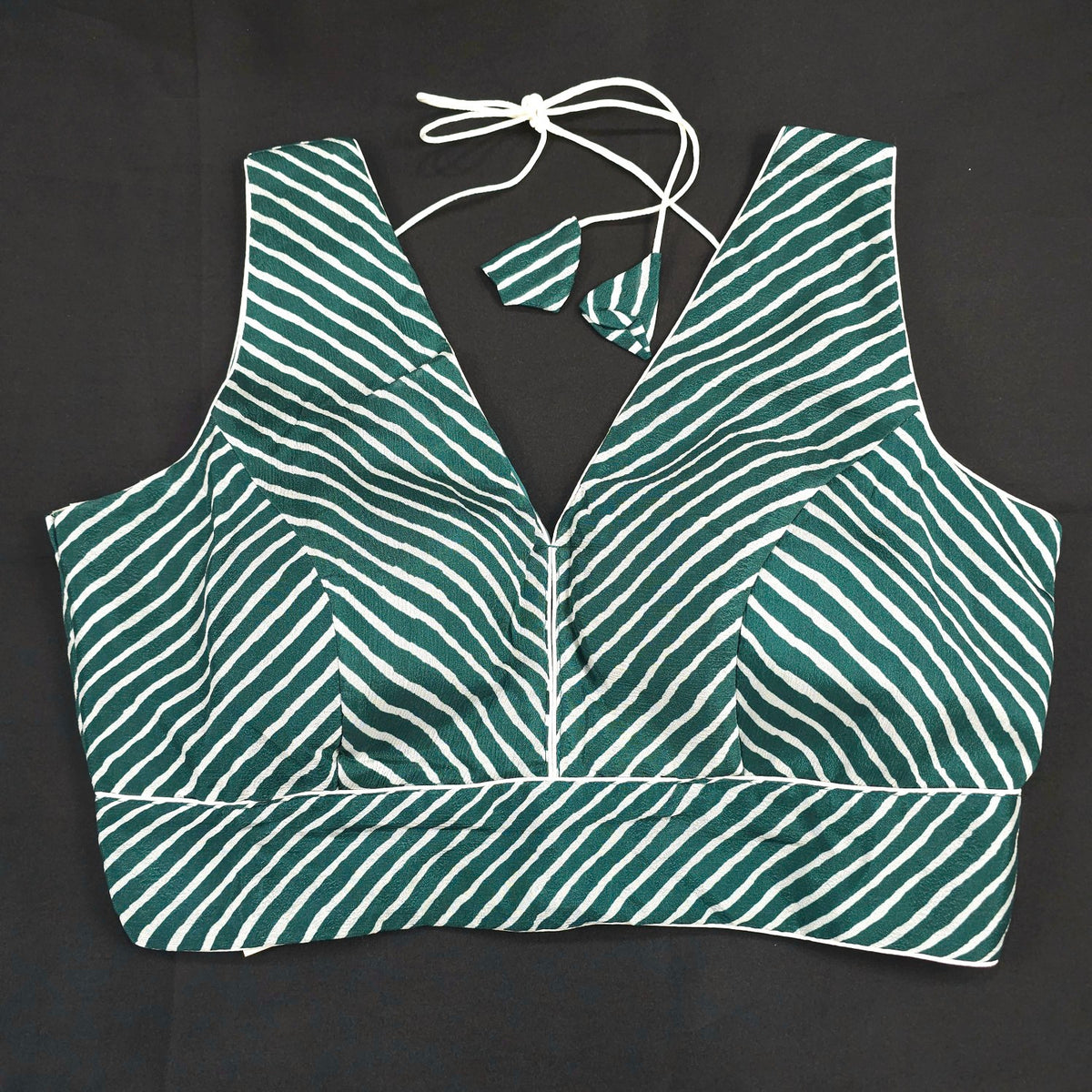 Dark Teal Leheriya Blouse with Attached Sleeves and V Neckline