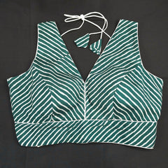 Dark Teal Leheriya Blouse with Attached Sleeves and V Neckline