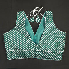 Dark Teal Leheriya Blouse with Attached Sleeves and V Neckline