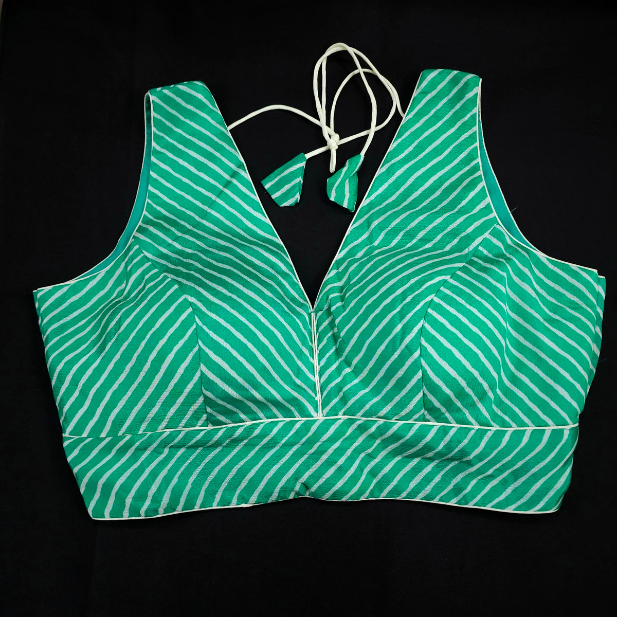 Turquoise Leheriya Blouse with Attached Sleeves and V Neckline