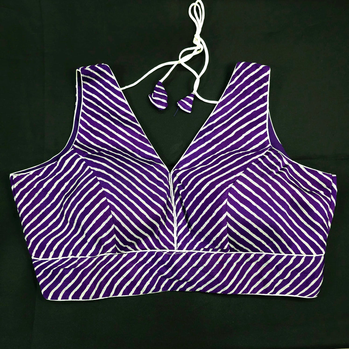 Purple Leheriya Blouse with Attached Sleeves and V Neckline