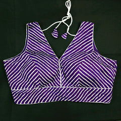 Purple Leheriya Blouse with Attached Sleeves and V Neckline