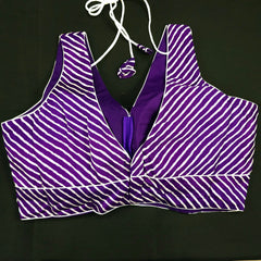 Purple Leheriya Blouse with Attached Sleeves and V Neckline