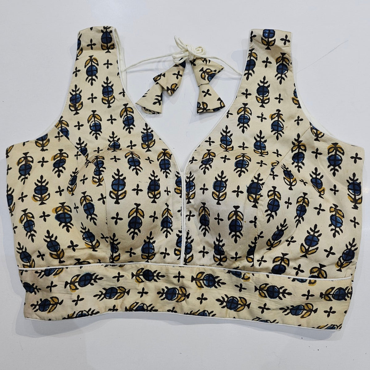 Ajarakh Print Cream Color Modal Silk Blouse with Attached Sleeves and Curvy V Neckline