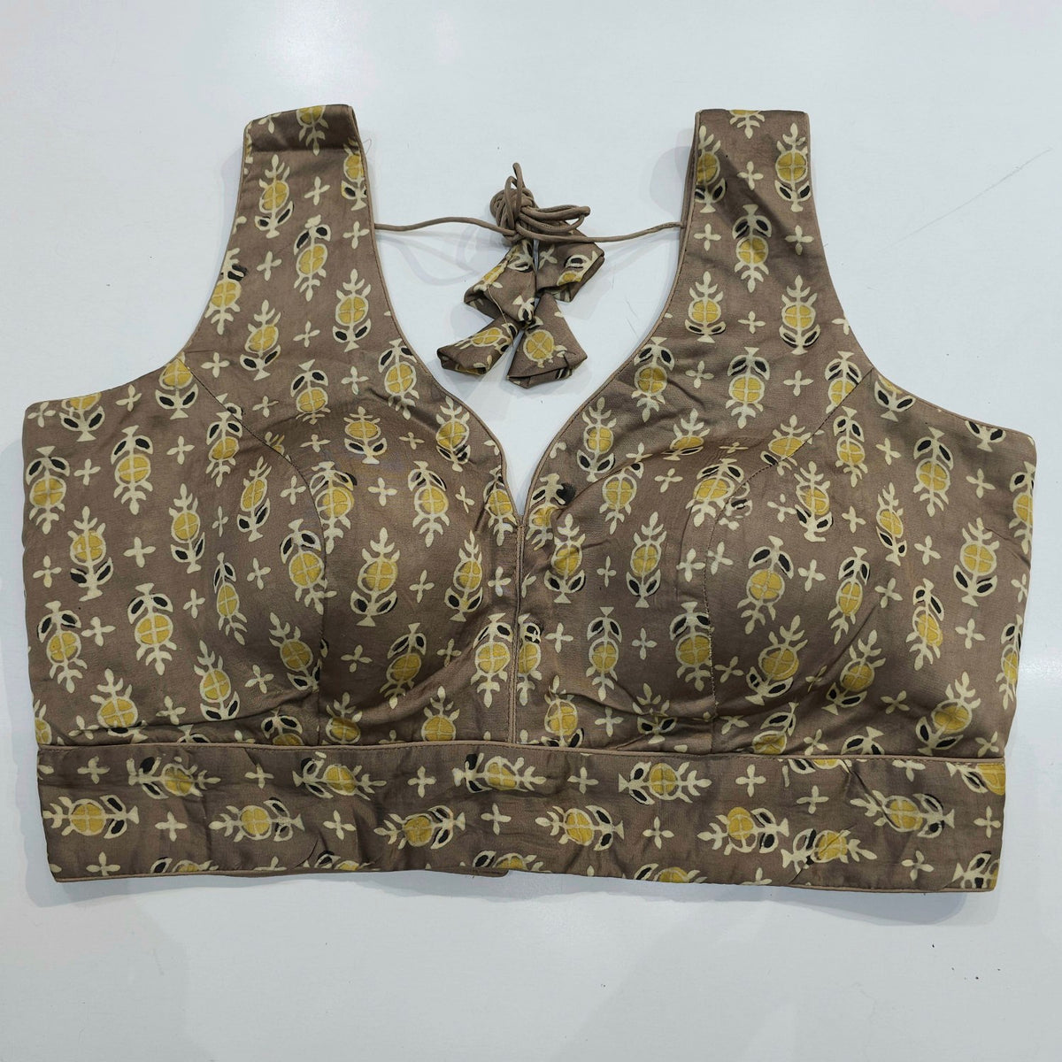 Ajarakh Print Dark Beige Color Modal Silk Blouse with Attached Sleeves and Curvy V Neckline