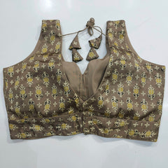 Ajarakh Print Dark Beige Color Modal Silk Blouse with Attached Sleeves and Curvy V Neckline