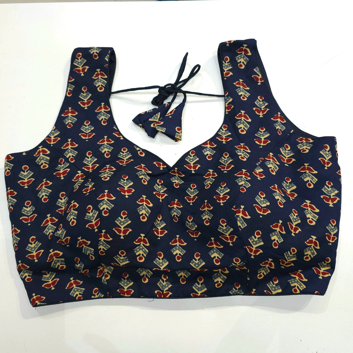 Ajarakh Print Dark Purple Color Modal Silk Blouse with Attached Sleeves and Paan Shape Neckline