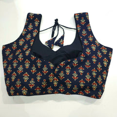 Ajarakh Print Dark Purple Color Modal Silk Blouse with Attached Sleeves and Paan Shape Neckline