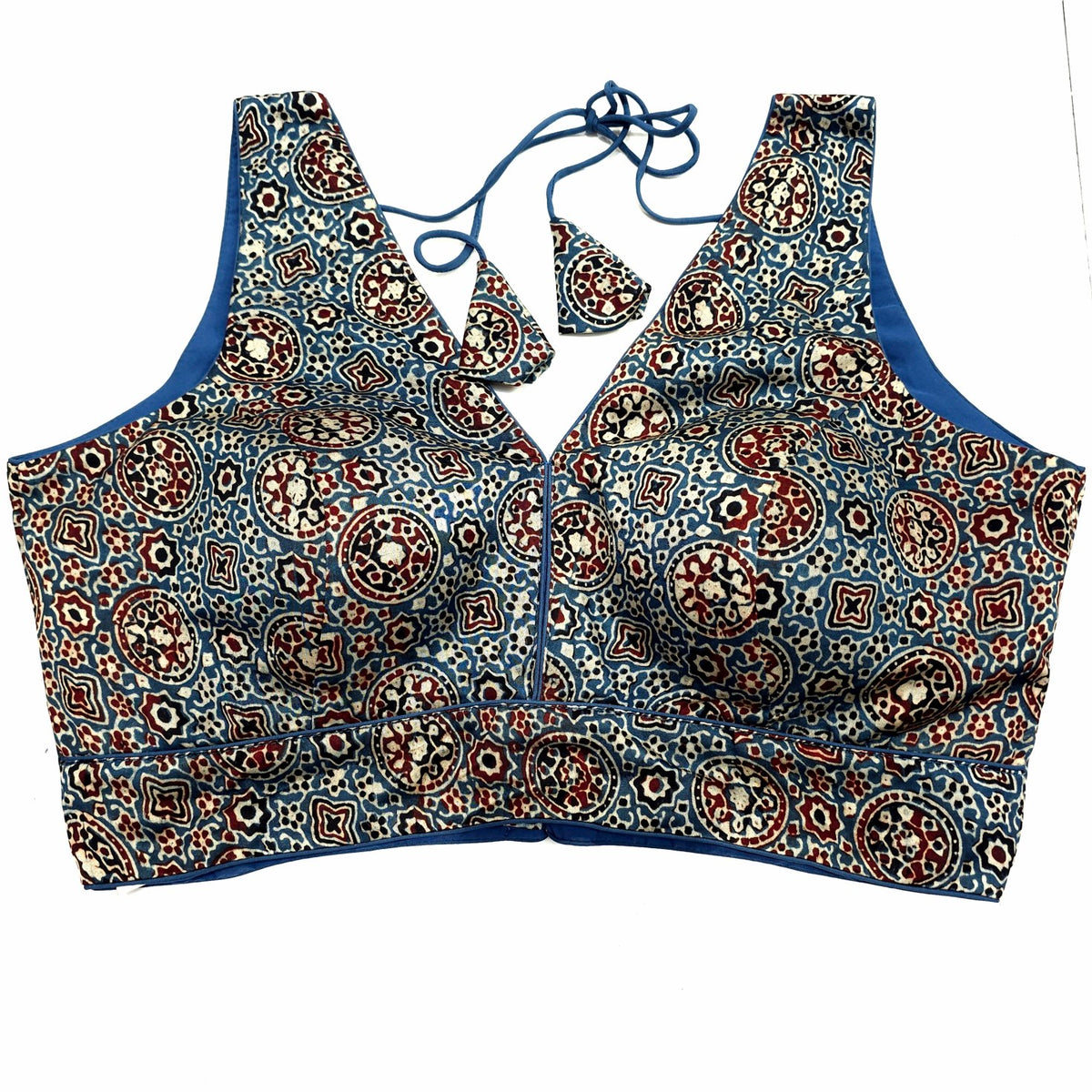 Ajarakh Print Cobalt Blue Modal Silk Blouse with Attached Sleeves and V Shape Neckline