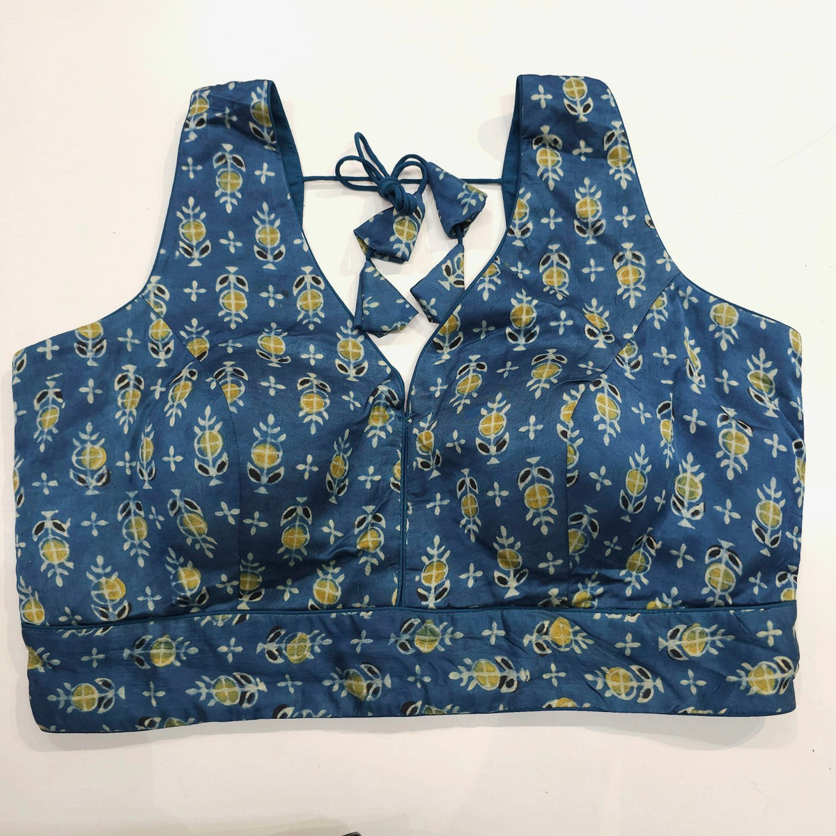 Ajarakh Print Indigo Blue Color Modal Silk Blouse with Attached Sleeves and Curvy V Neckline