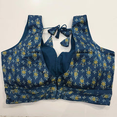Ajarakh Print Indigo Blue Color Modal Silk Blouse with Attached Sleeves and Curvy V Neckline