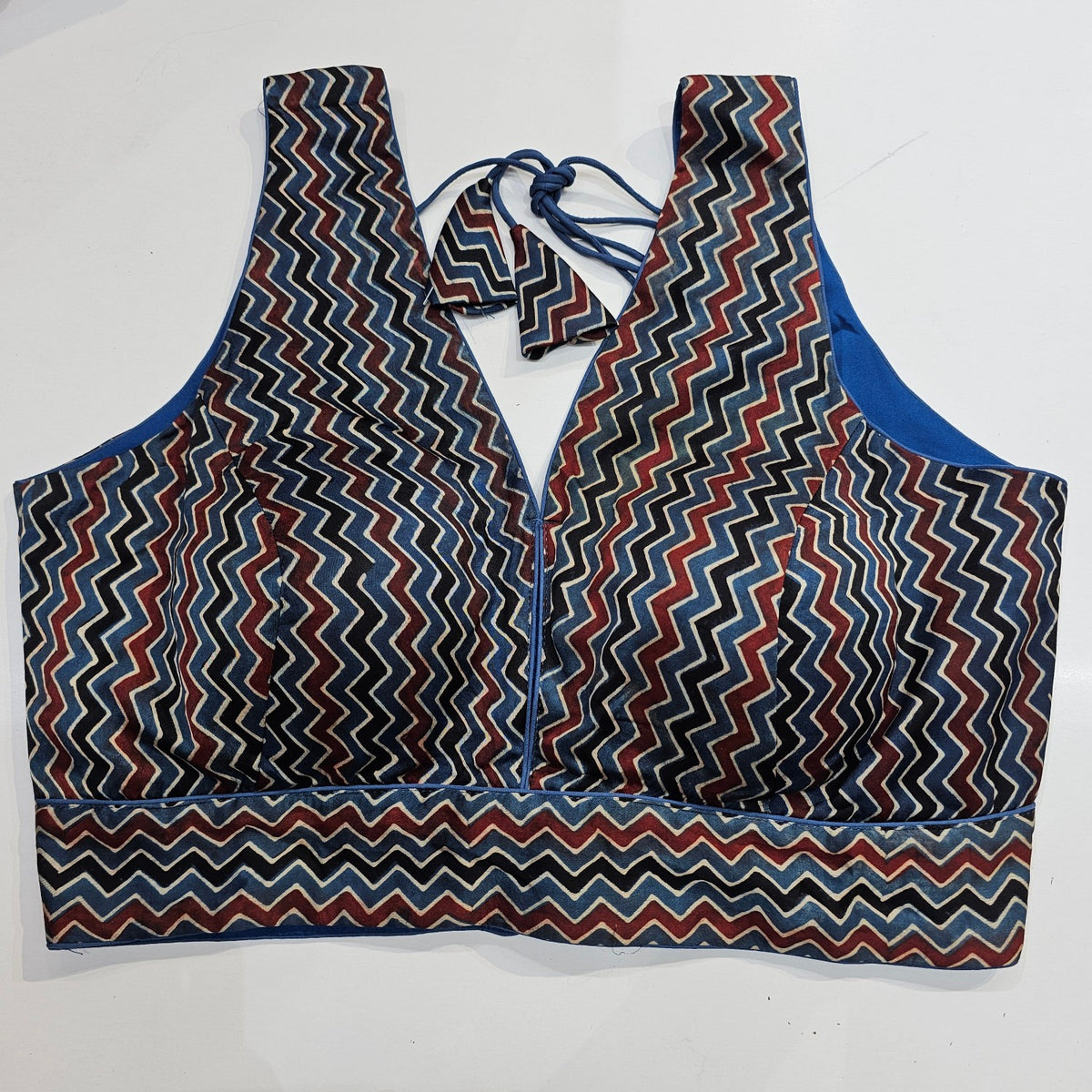 Ajarakh Print on Deep Blue Color Modal Silk Blouse with Attached Sleeves and V Neckline