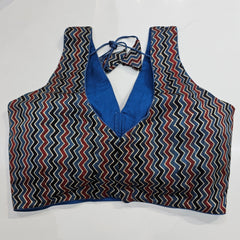 Ajarakh Print on Deep Blue Color Modal Silk Blouse with Attached Sleeves and V Neckline