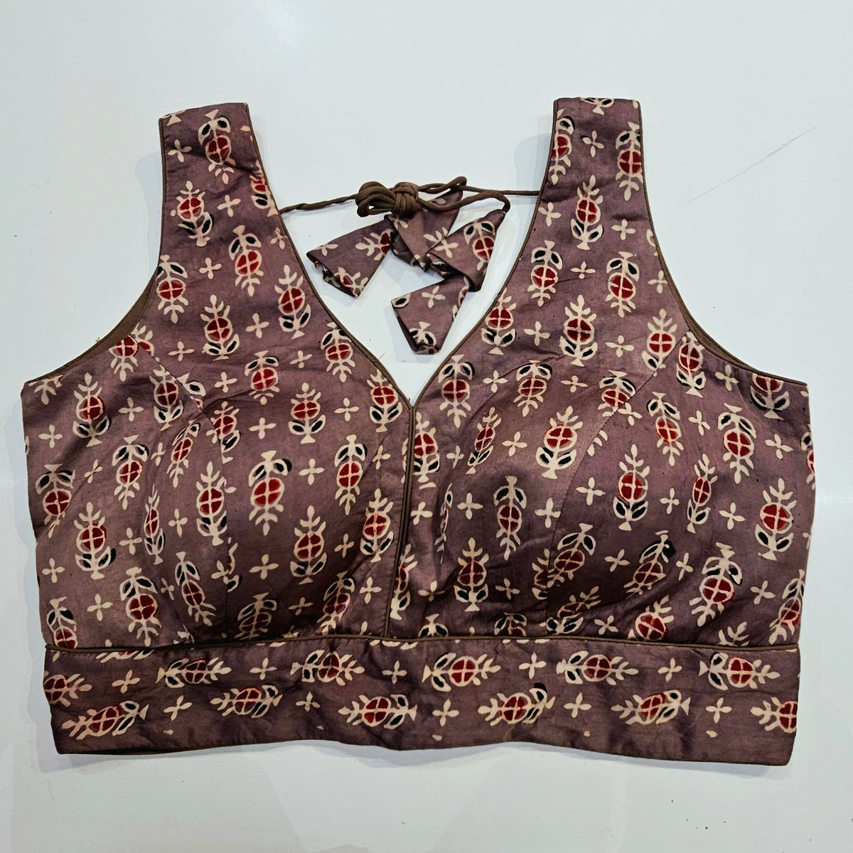 Ajarakh Print Purplish Brown Color Modal Silk Blouse with Attached Sleeves and Curvy V Neckline