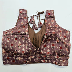 Ajarakh Print Purplish Brown Color Modal Silk Blouse with Attached Sleeves and Curvy V Neckline