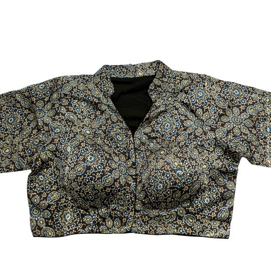 Ajarakh Print on Dark Brown Modal Silk Blouse with Sleeves and Collared Neckline
