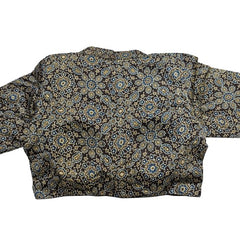 Ajarakh Print on Dark Brown Modal Silk Blouse with Sleeves and Collared Neckline