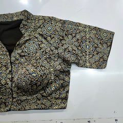 Ajarakh Print on Dark Brown Modal Silk Blouse with Sleeves and Collared Neckline