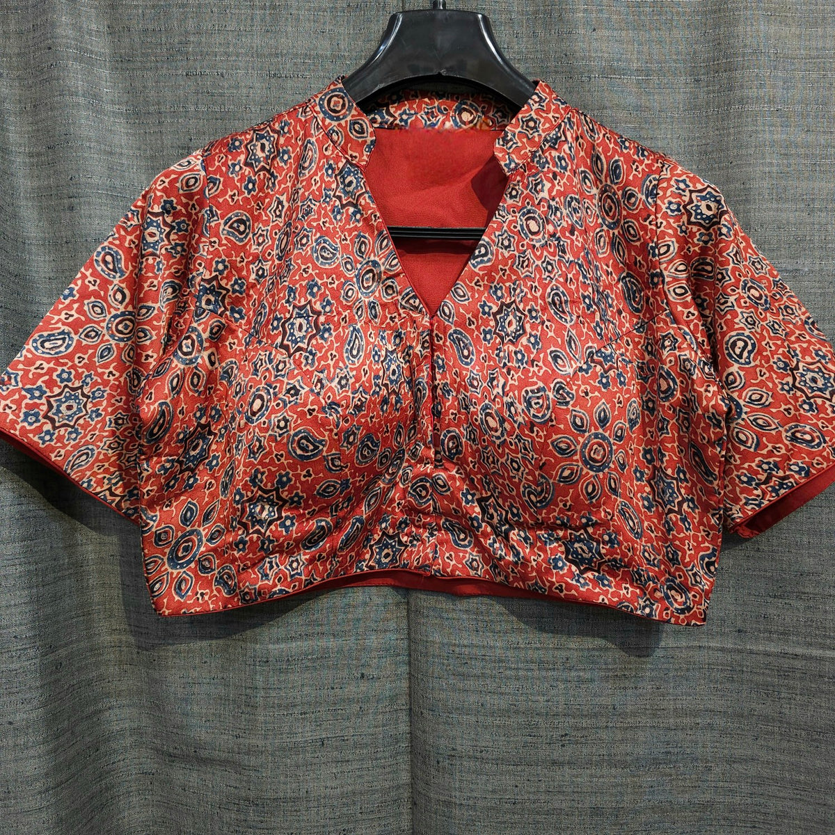Ajarakh Print on Red Modal Silk Blouse with Sleeves and Collared Neckline
