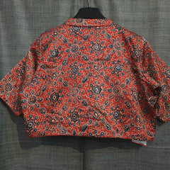 Ajarakh Print on Red Modal Silk Blouse with Sleeves and Collared Neckline