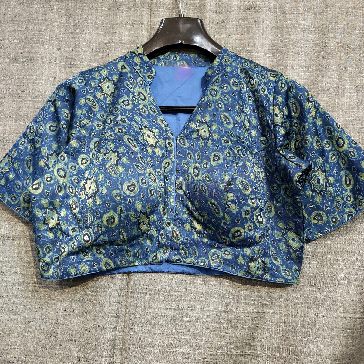 Ajarakh Print on Dark Cobalt Blue Color Modal Silk Blouse with Sleeves and Collared Neckline