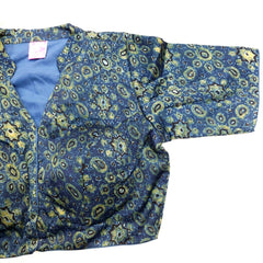 Ajarakh Print on Dark Cobalt Blue Color Modal Silk Blouse with Sleeves and Collared Neckline