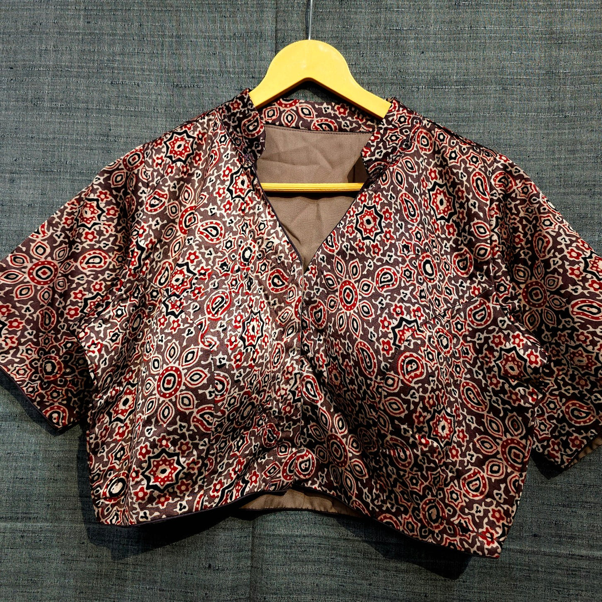 Ajarakh Print on Dark Brown Color Modal Silk Blouse with Sleeves and Collared Neckline