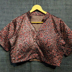 Ajarakh Print on Dark Brown Color Modal Silk Blouse with Sleeves and Collared Neckline