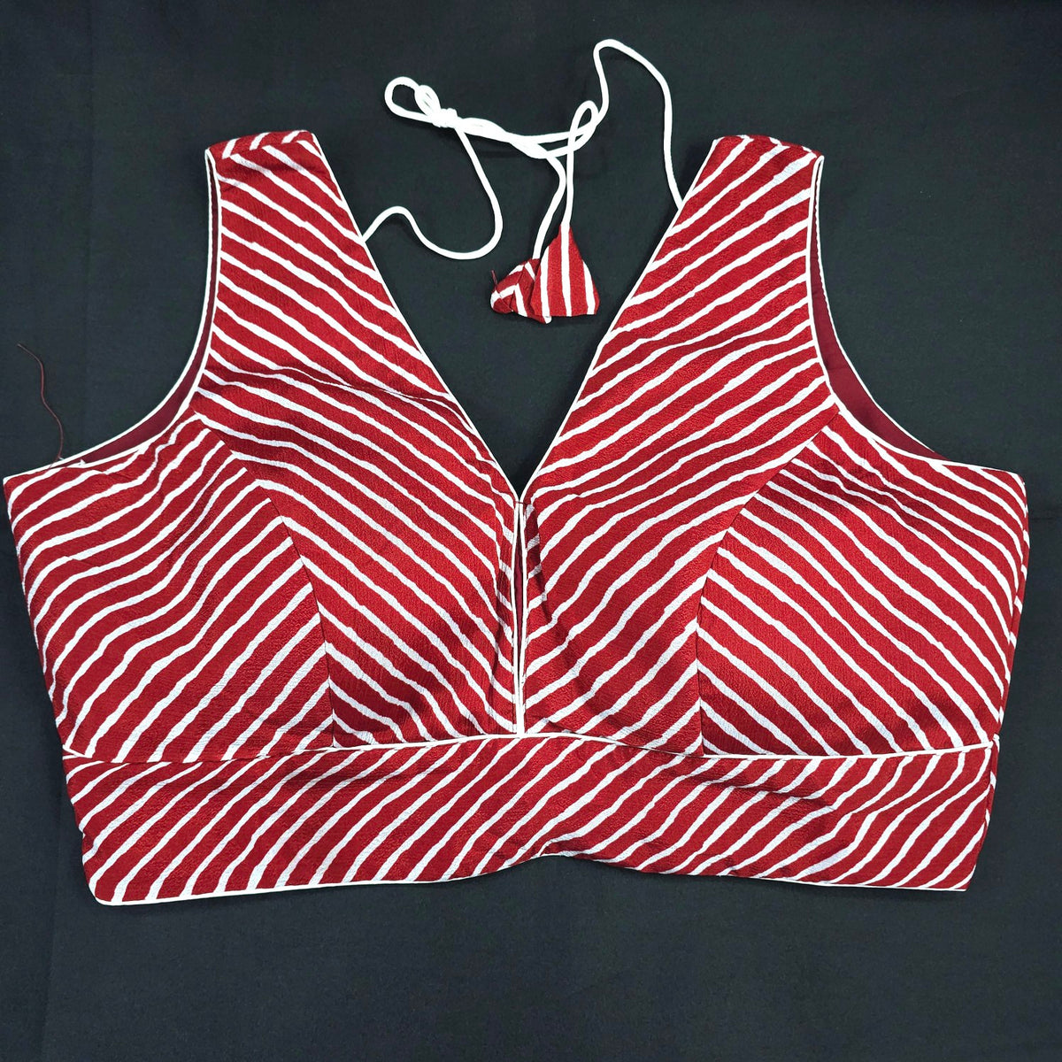 Deep Red Leheriya Blouse with Attached Sleeves and V Neckline