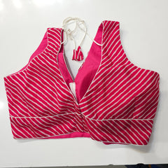 Fuschia Pink Leheriya Blouse with Attached Sleeves and V Neckline