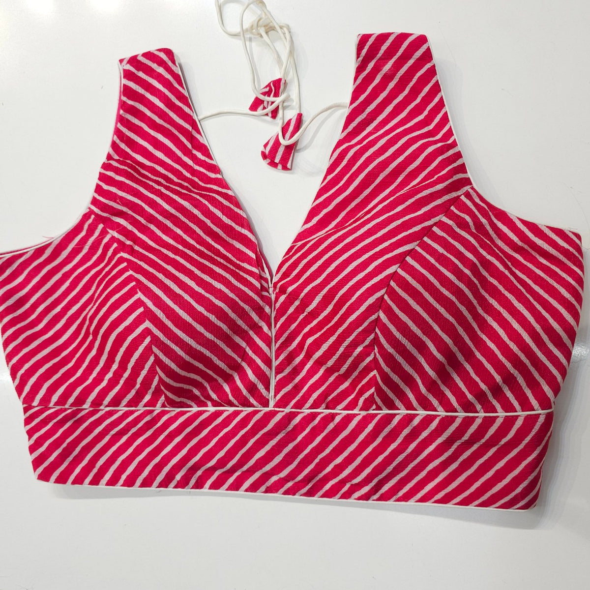 Fuschia Pink Leheriya Blouse with Attached Sleeves and V Neckline