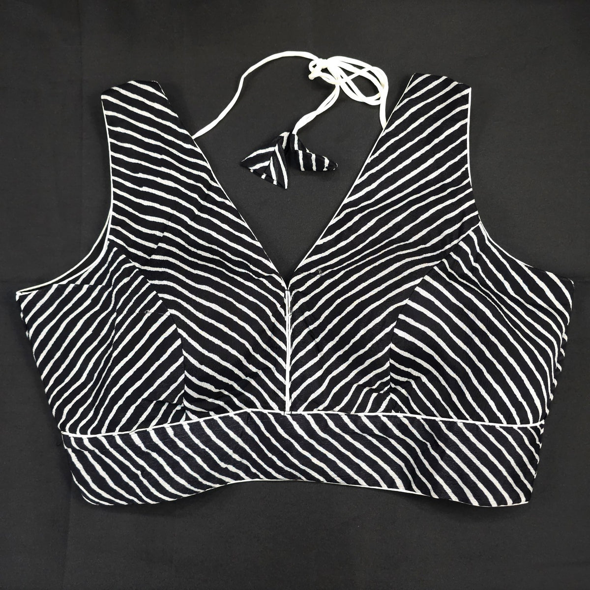 Black Leheriya Blouse with Attached Sleeves and V Neckline